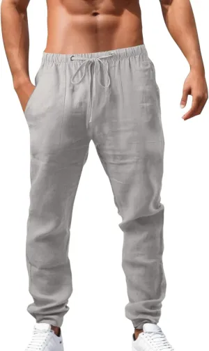 Men's Relaxed Fit Drawstring Linen Pants Casual Beachwear Comfortable Summer Lounge Pants for Outdoor Travel