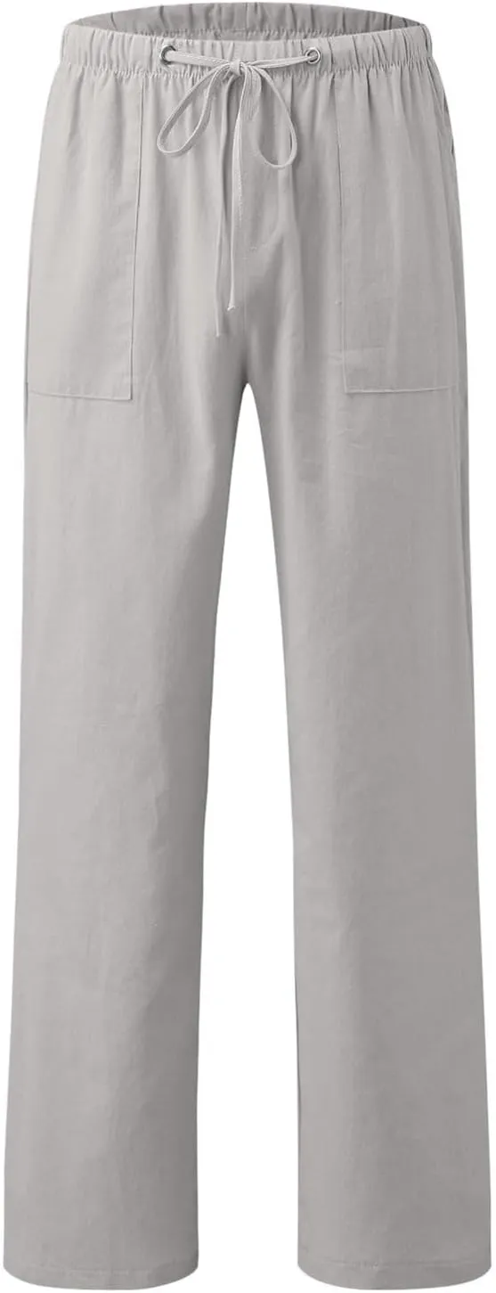 Men's Relaxed Fit Drawstring Linen Pants Casual Beachwear Comfortable Summer Lounge Pants for Outdoor Travel