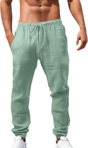 Men's Relaxed Fit Drawstring Linen Pants Casual Beachwear Comfortable Summer Lounge Pants for Outdoor Travel