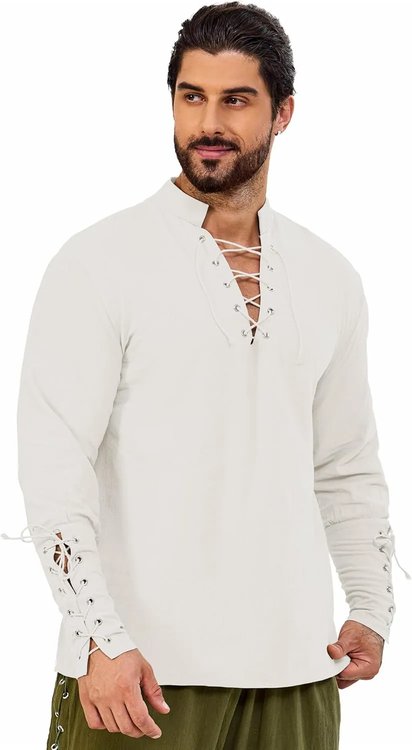 Mens Shirts Pirate Costume, Long Sleeve Tops Viking Cosplay Renaissance Medieval T-Shirts Gothic Cotton Outfits