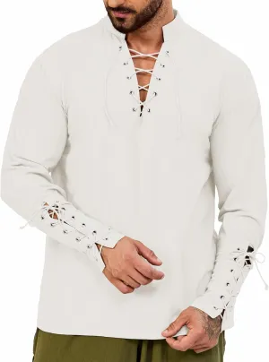 Mens Shirts Pirate Costume, Long Sleeve Tops Viking Cosplay Renaissance Medieval T-Shirts Gothic Cotton Outfits