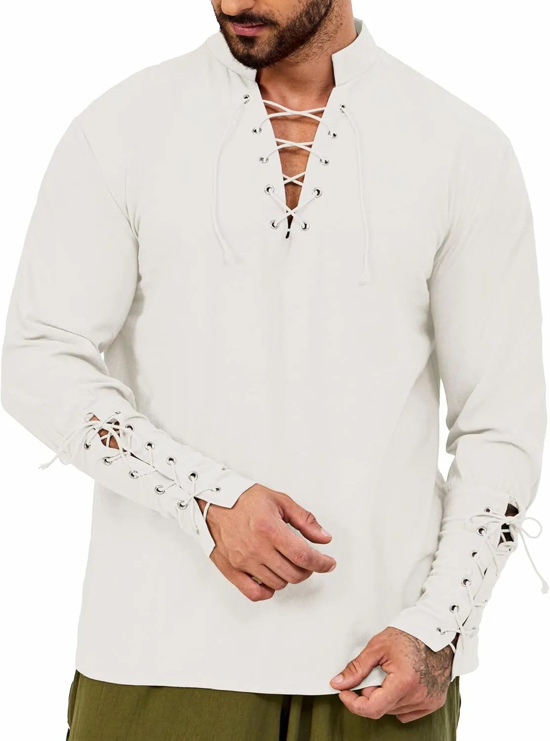 Mens Shirts Pirate Costume, Long Sleeve Tops Viking Cosplay Renaissance Medieval T-Shirts Gothic Cotton Outfits