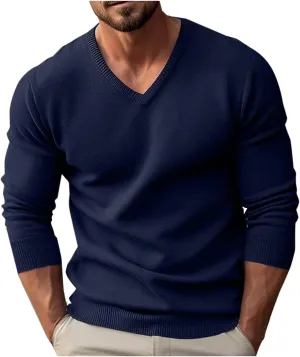 Mens V-neck Sweatshirts Casual Loose Solid Long Sleeve Base Pullover Top Classic Big and Tall Work Knit Sweater Shirt