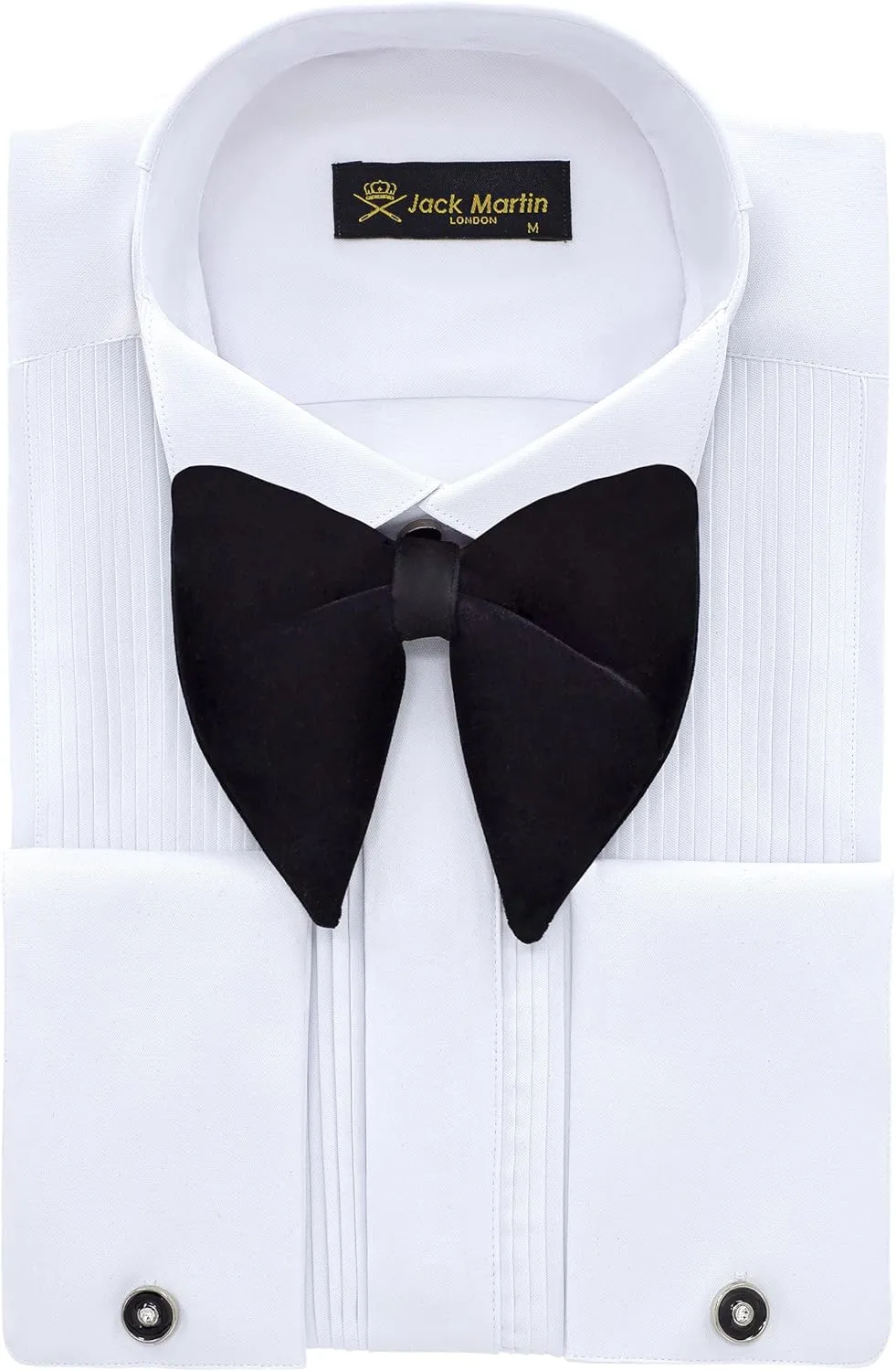 Men's White Wing Collar Tuxedo Shirt with French Cuffs | Set Incl. Cufflinks & Black Bow Tie | Luxe Dress Shirts for Men