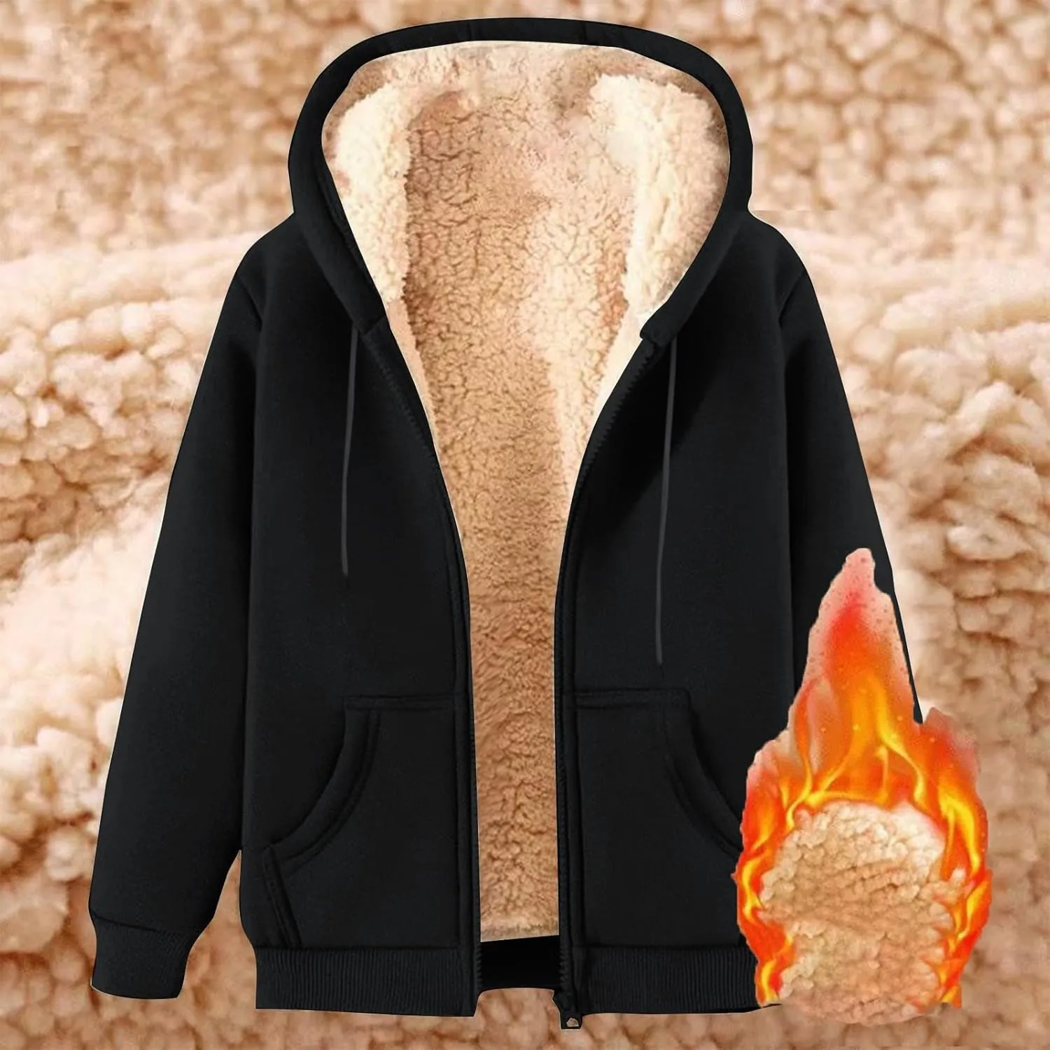 Men's Winter Fleece Thermal Jackets for Men Sherpa Lined Hoodies Full Zip Hooded Sweatshirt 2024 Fashion Casual Outwear