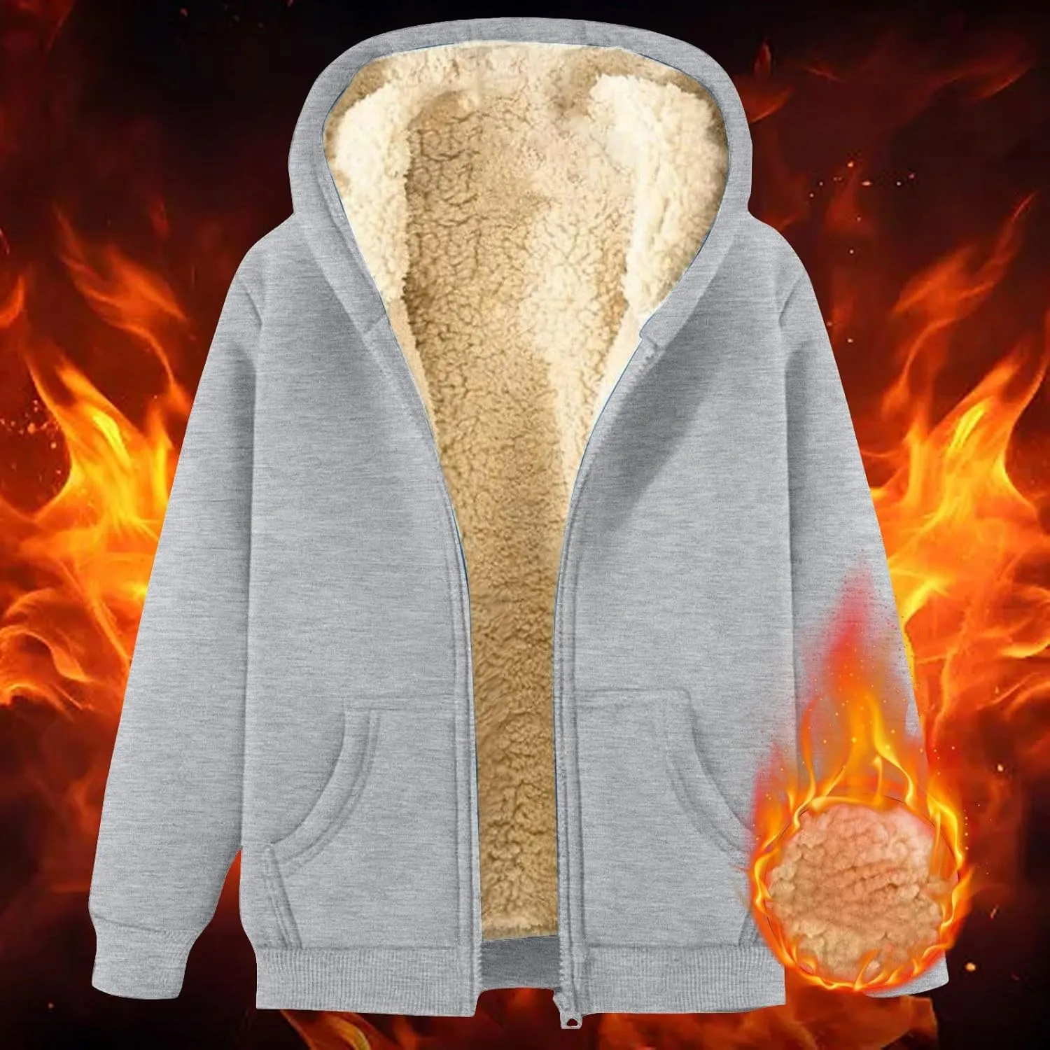 Mens Zip up Hoodie Warm Sherpa Lined Winter Jackets Casual Long Sleeve Hooded Drawstring Heavy Coats with Pockets