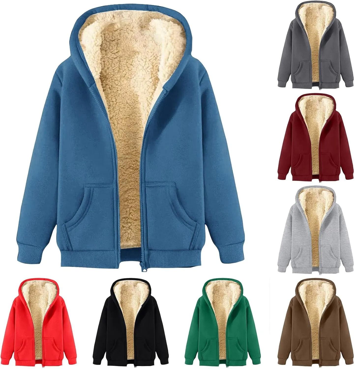 Mens Zip up Hoodie Warm Sherpa Lined Winter Jackets Casual Long Sleeve Hooded Drawstring Heavy Coats with Pockets