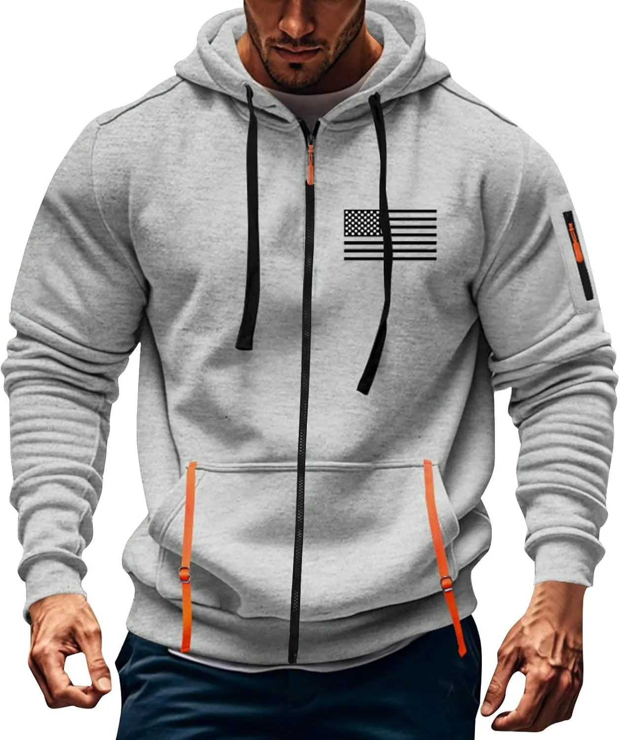 Men's Zipper USA Flag Print Hoodie Graphic Long Sleeve Drawstring Shirts Oversized Patriotic Sweatshirts with Pockets