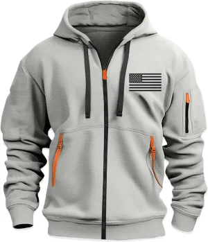 Men's Zipper USA Flag Print Hoodie Graphic Long Sleeve Drawstring Shirts Oversized Patriotic Sweatshirts with Pockets