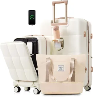 Merax 3 Pcs Luggage 20" Front-Opening Carry On, 28" Suitcase, Expandable Travel Bag, White(Vertical Coordinate line), 3-Piece Set