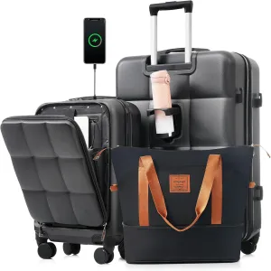 Merax Luggage 20" Front-Opening Carry-On, 28" Expandable Suitcase and Travel Bag, Black(Vertical Coordinate line), 3-Piece Set
