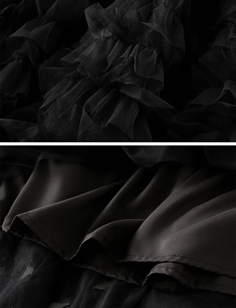 Mesh Pleated Skirts for Women Trendy High Waisted A Line Fluffy Ruffle Midi Skirt