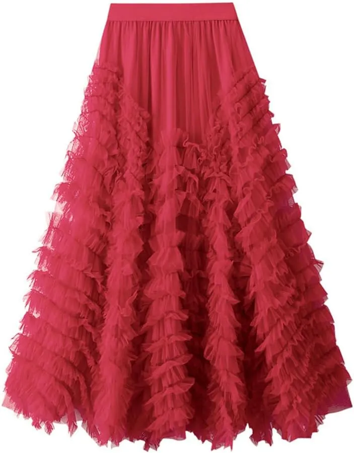 Mesh Pleated Skirts for Women Trendy High Waisted A Line Fluffy Ruffle Midi Skirt
