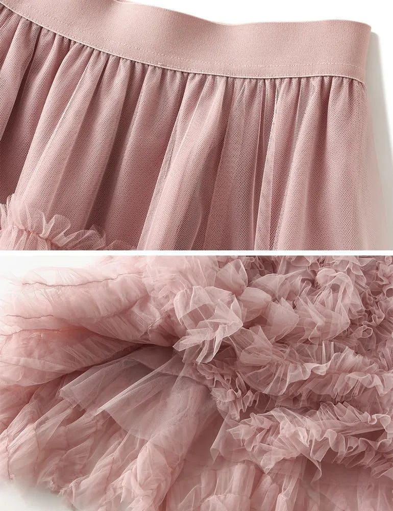 Mesh Pleated Skirts for Women Trendy High Waisted A Line Fluffy Ruffle Midi Skirt