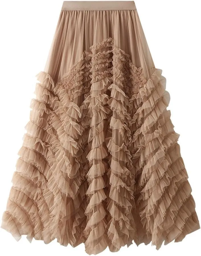 Mesh Pleated Skirts for Women Trendy High Waisted A Line Fluffy Ruffle Midi Skirt