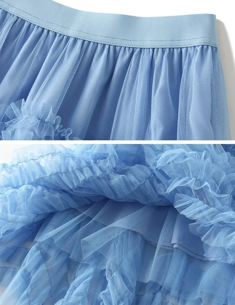 Mesh Pleated Skirts for Women Trendy High Waisted A Line Fluffy Ruffle Midi Skirt