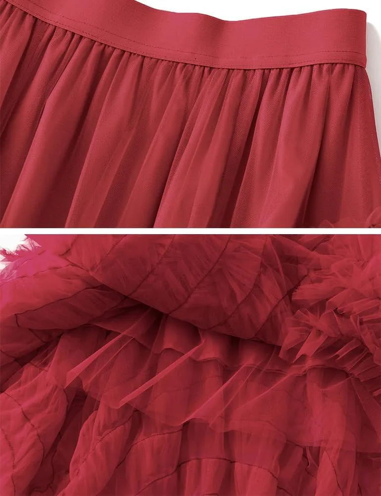 Mesh Pleated Skirts for Women Trendy High Waisted A Line Fluffy Ruffle Midi Skirt