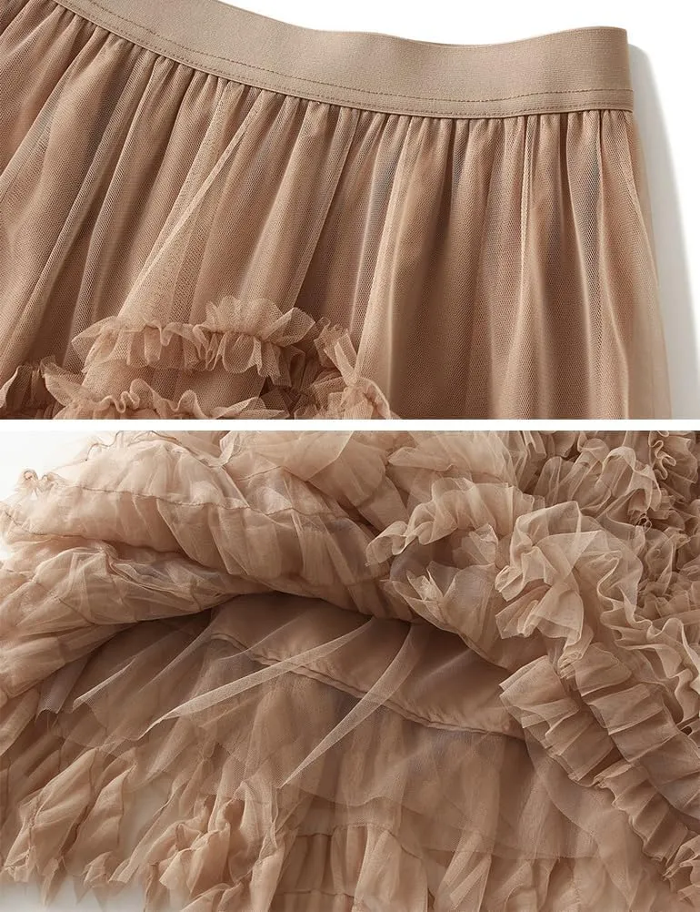 Mesh Pleated Skirts for Women Trendy High Waisted A Line Fluffy Ruffle Midi Skirt