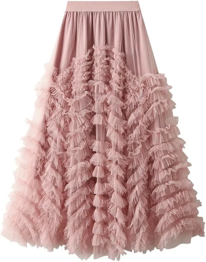 Mesh Pleated Skirts for Women Trendy High Waisted A Line Fluffy Ruffle Midi Skirt