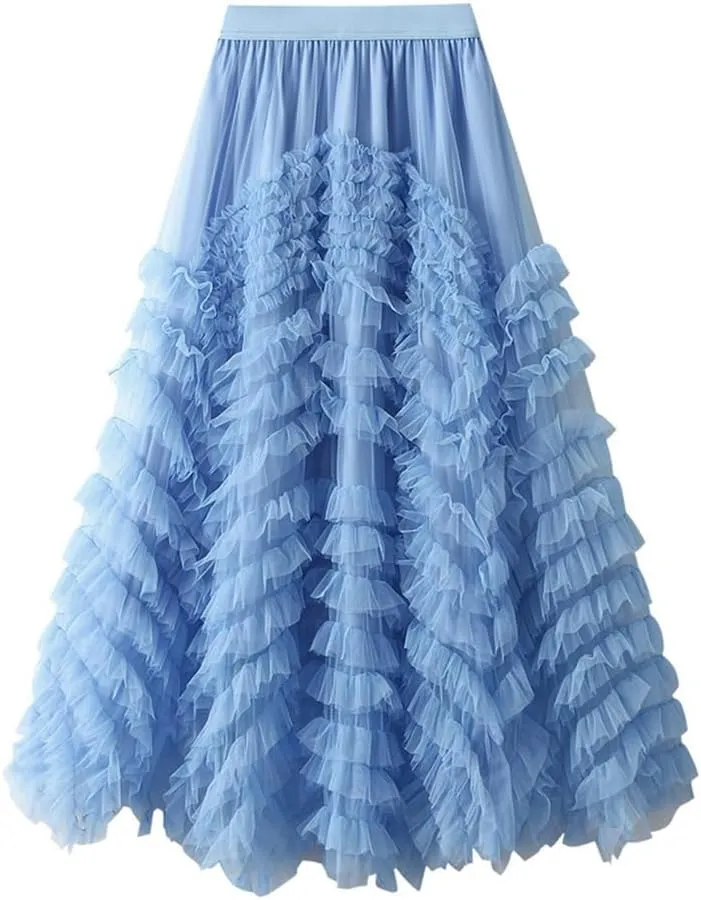 Mesh Pleated Skirts for Women Trendy High Waisted A Line Fluffy Ruffle Midi Skirt