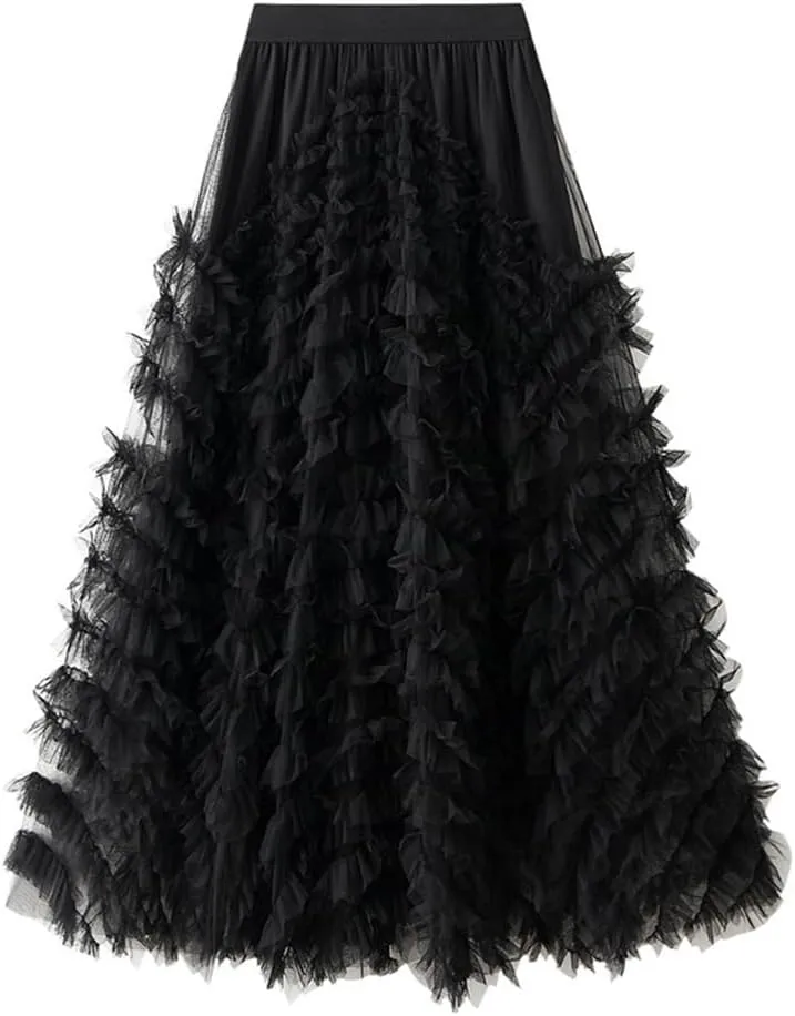 Mesh Pleated Skirts for Women Trendy High Waisted A Line Fluffy Ruffle Midi Skirt
