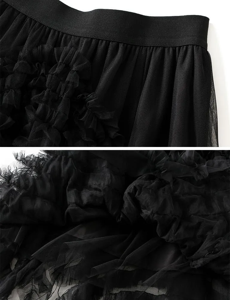 Mesh Pleated Skirts for Women Trendy High Waisted A Line Fluffy Ruffle Midi Skirt