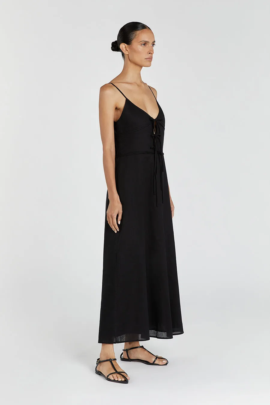 MIMI BLACK LINEN MIDI DRESS