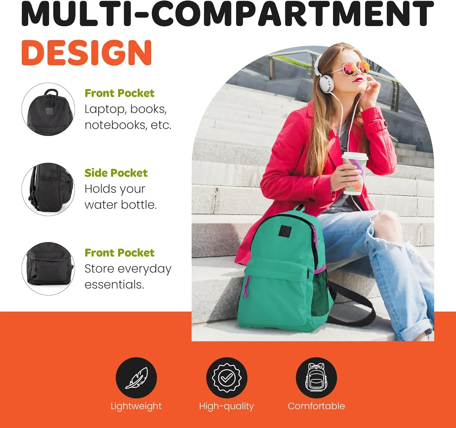 Mintra Office Backpack, Water-resistant Everyday Bag with Adjustable Straps, Unisex Backpack for Travel, College, Multi-Compartments with Secure Zippers, Dark Orange, 15L Small, 10" W x 14.17" H