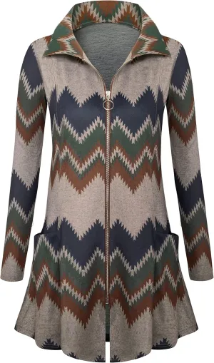 Miusey Womens Zip Up Tunic Sweatshirt Collar Neck Lightweight Long Jacket Cardigans