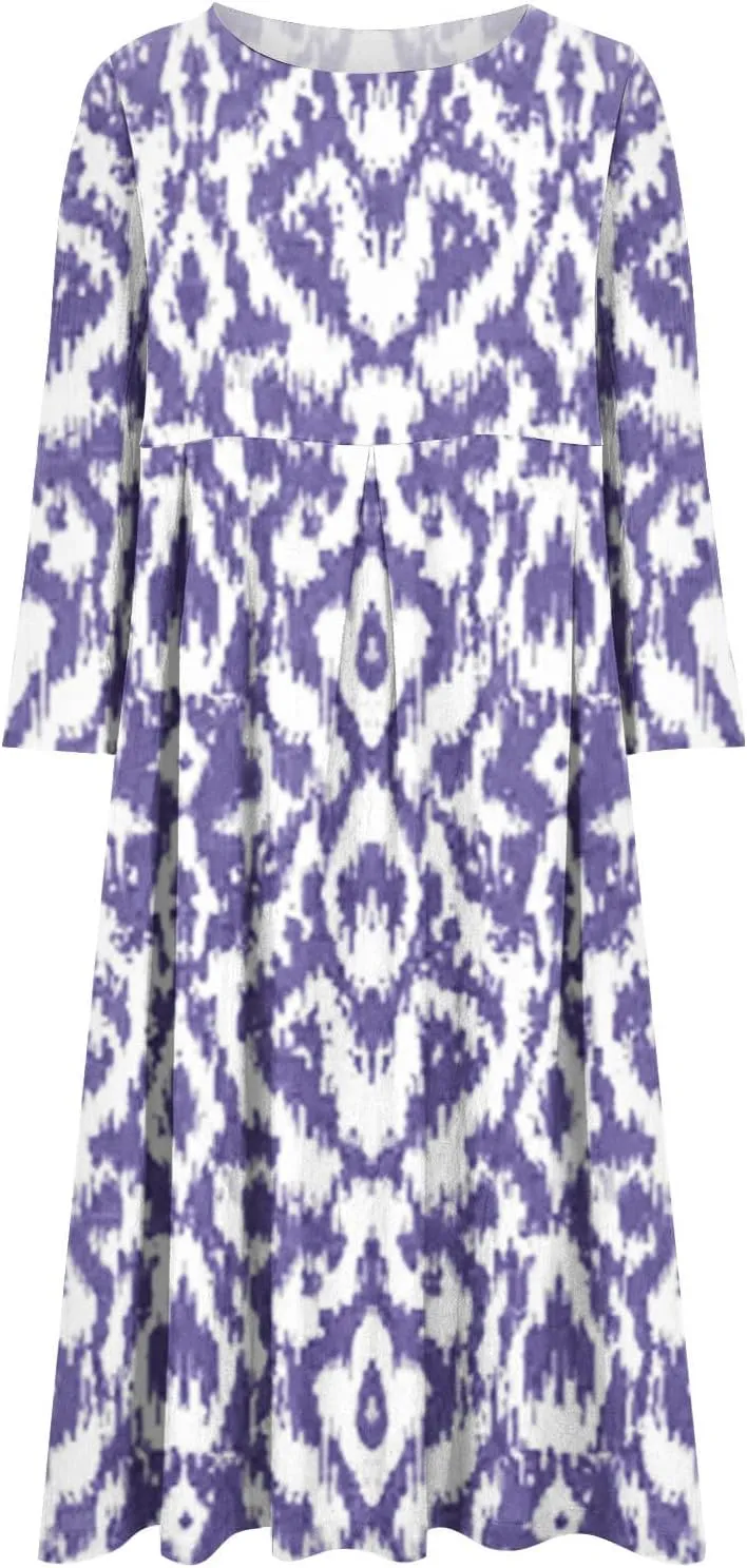 Moomoo Dresses for Women Fashion 3/4 Sleeve Crew Neck Beach Kaftan Dress Vintage Print High Waist Midi Lounge Dress