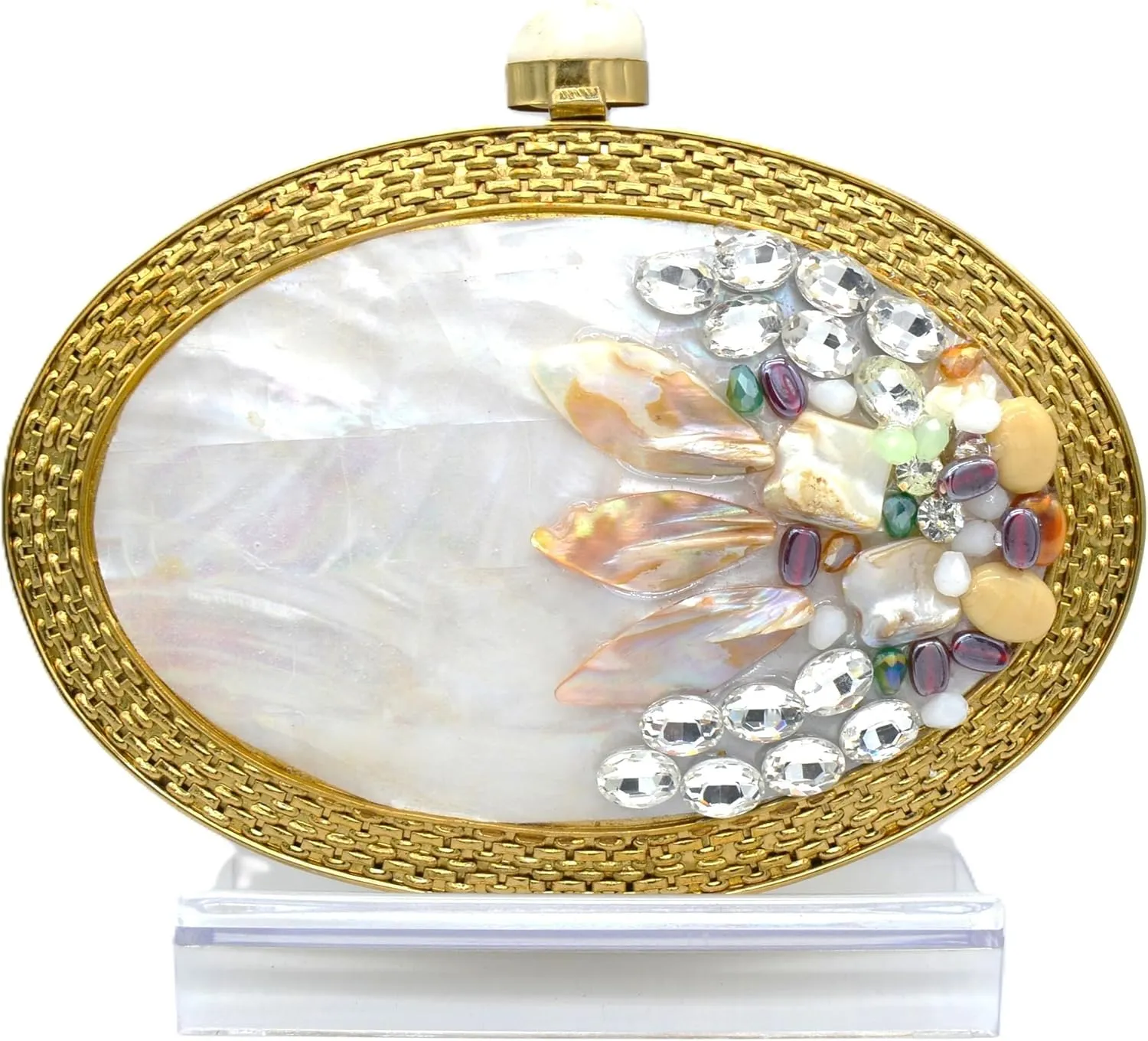 Mother of Pearl Oval Clutch Bag with Gemstone Embellishment, Gold Brass Frame, Pearl Chain Sling, Wedding Evening Purse for Women, Handcrafted Designer Party Bag