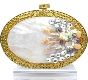 Mother of Pearl Oval Clutch Bag with Gemstone Embellishment, Gold Brass Frame, Pearl Chain Sling, Wedding Evening Purse for Women, Handcrafted Designer Party Bag