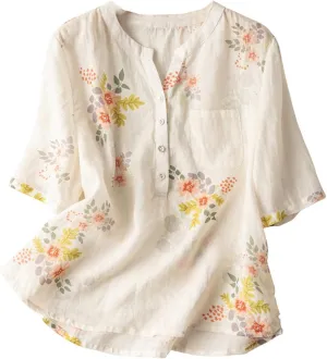 Mzkdieey Women's Cotton Linen Short Sleeve T-Shirt Summer Boho Floral Print Tops Casual V Neck Button Down Blouse with Pocket