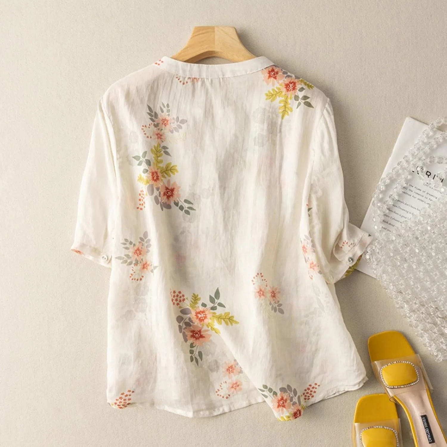 Mzkdieey Women's Cotton Linen Short Sleeve T-Shirt Summer Boho Floral Print Tops Casual V Neck Button Down Blouse with Pocket