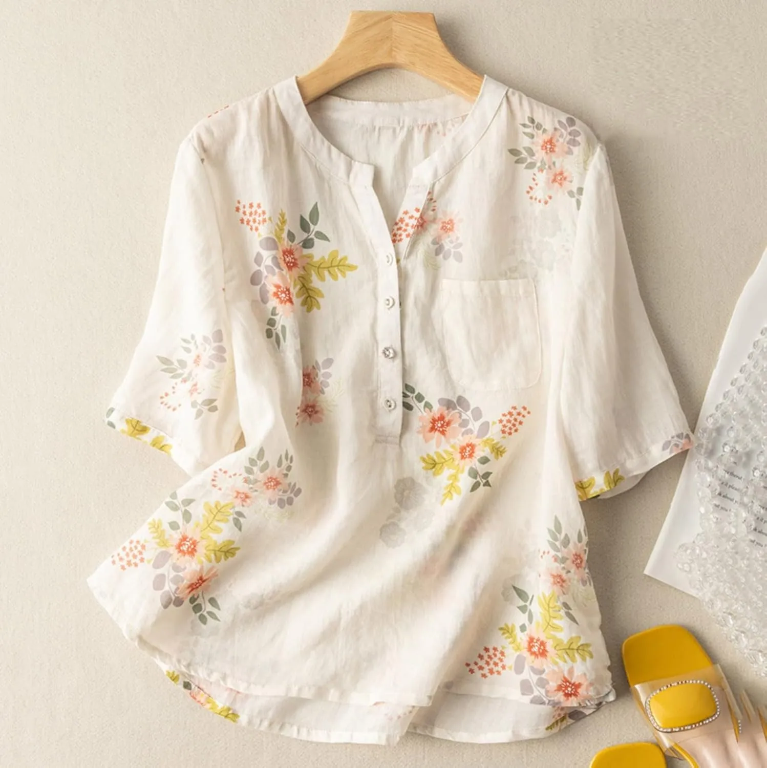 Mzkdieey Women's Cotton Linen Short Sleeve T-Shirt Summer Boho Floral Print Tops Casual V Neck Button Down Blouse with Pocket