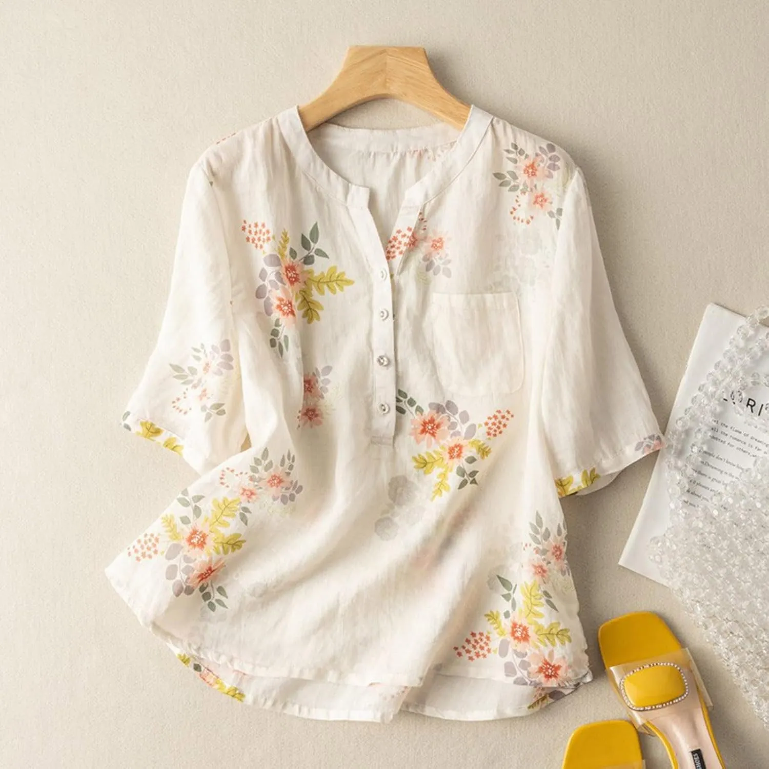 Mzkdieey Women's Cotton Linen Short Sleeve T-Shirt Summer Boho Floral Print Tops Casual V Neck Button Down Blouse with Pocket