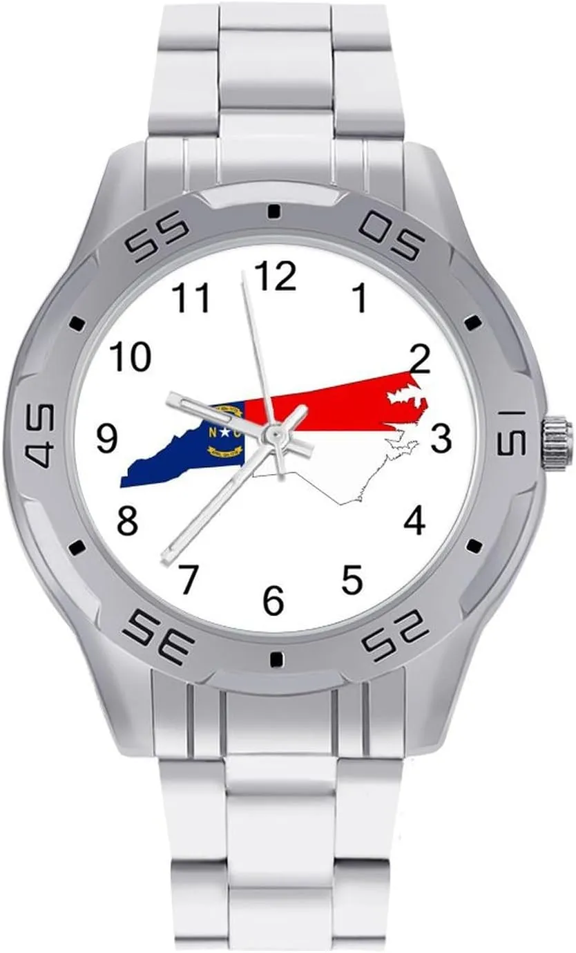 North Carolina State Flag Map Stainless Steel Metal Strap Simple Business Watches for Men Easy Reader Work Casual Watch