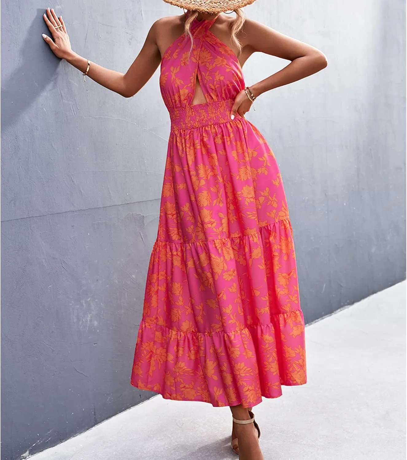 Off Shoulder Boho Floral Swing Mini Dress Summer Strapless Pleated Short Dress