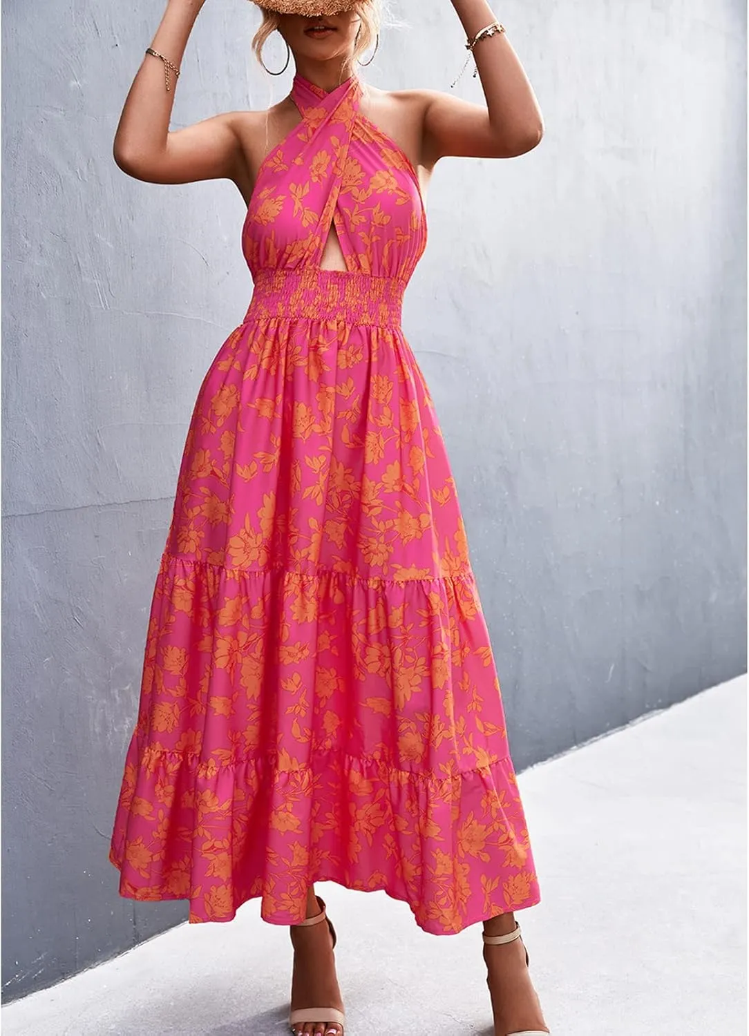 Off Shoulder Boho Floral Swing Mini Dress Summer Strapless Pleated Short Dress
