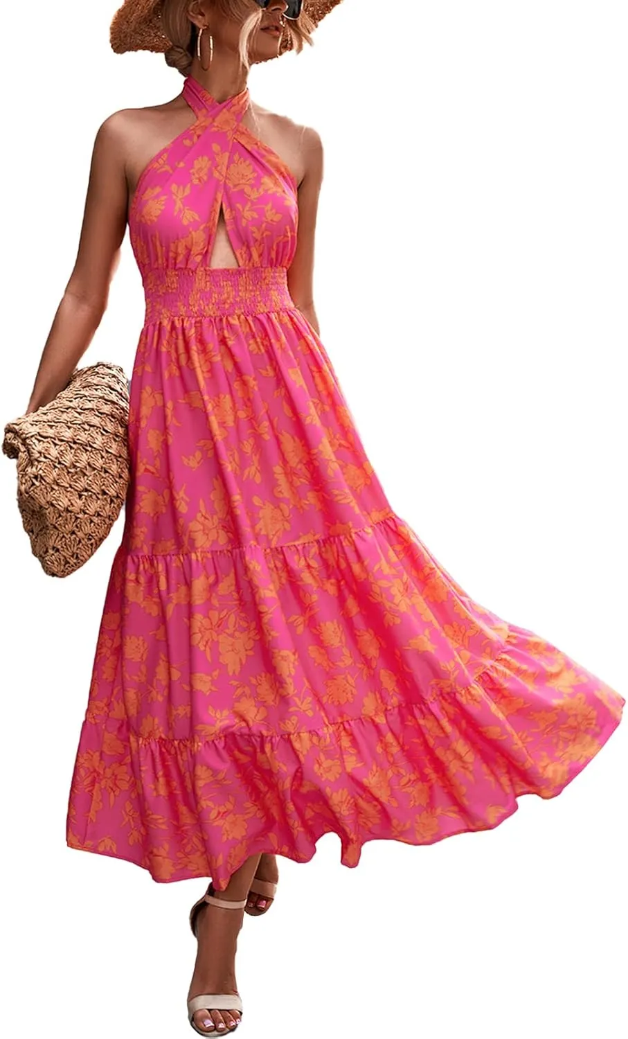 Off Shoulder Boho Floral Swing Mini Dress Summer Strapless Pleated Short Dress