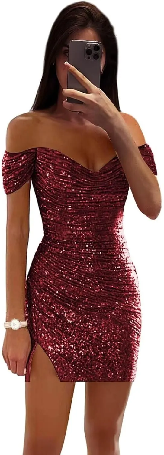 Off Shoulder Homecoming Dresses 2025 Sparkly Sequin Pleated Short Prom Dress Formal Cocktail Party Gowns