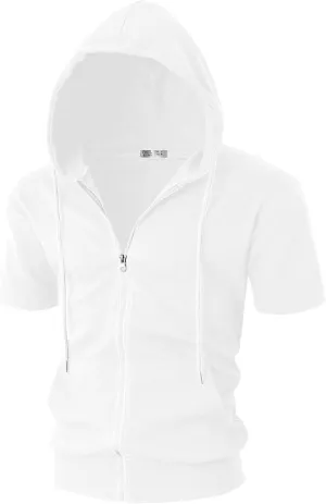 Ohoo Mens Slim Fit Zip up Hoodie Short Sleeve Thin Jacket Full Zip Sweatshirt with Kanga Pocket