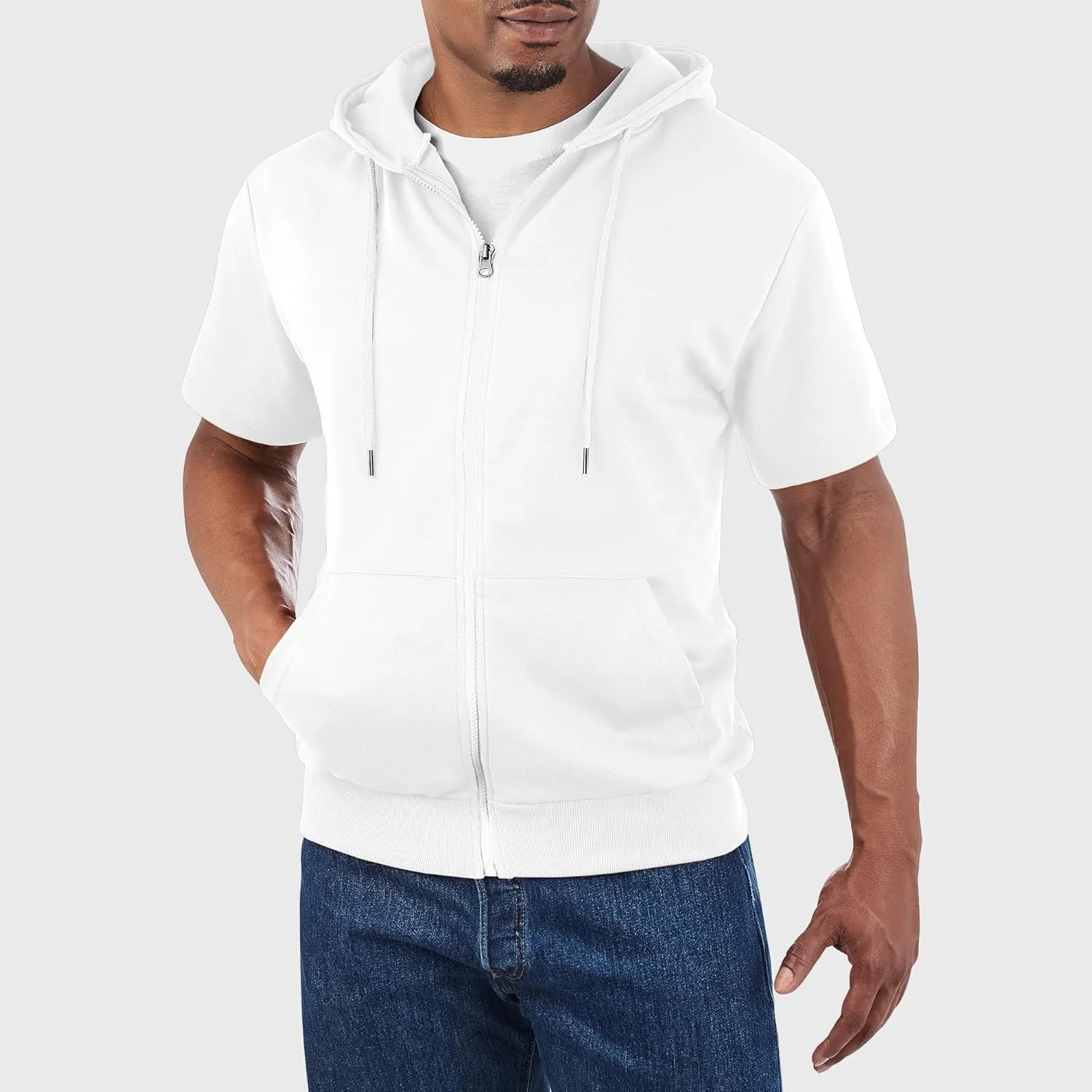 Ohoo Mens Slim Fit Zip up Hoodie Short Sleeve Thin Jacket Full Zip Sweatshirt with Kanga Pocket