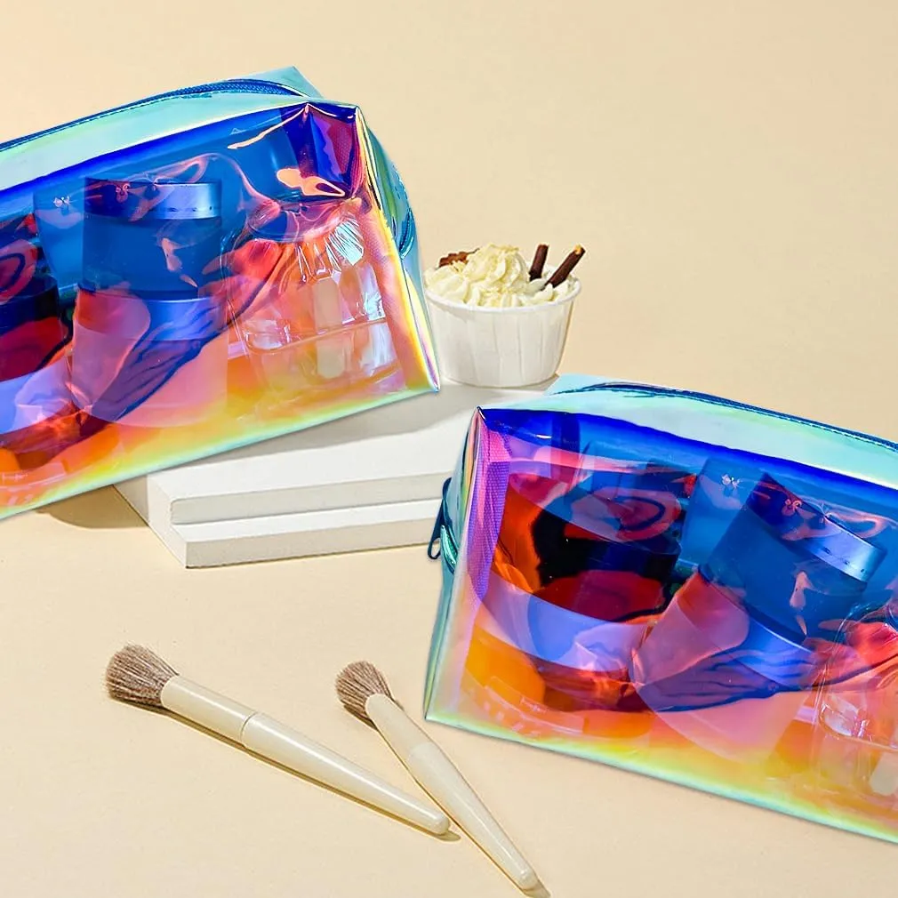 ONEART 2Pack Holographic Cosmetic Bags, Portable Iridescent Makeup Bag, Waterproof Zippered Toiletry Bags for Travel Makeup Brush Holder, Women Organizer Bag Cases