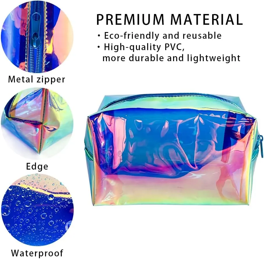 ONEART 2Pack Holographic Cosmetic Bags, Portable Iridescent Makeup Bag, Waterproof Zippered Toiletry Bags for Travel Makeup Brush Holder, Women Organizer Bag Cases