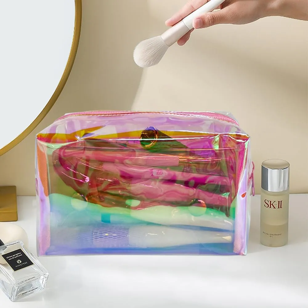ONEART Holographic Cosmetic Bag, 2Pack Iridescent Makeup Bag, PVC Laser Storage Organizer Pouch with Zipper,Waterproof Women Wash Bag for Travel (pink)
