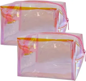 ONEART Holographic Cosmetic Bag, 2Pack Iridescent Makeup Bag, PVC Laser Storage Organizer Pouch with Zipper,Waterproof Women Wash Bag for Travel (pink)