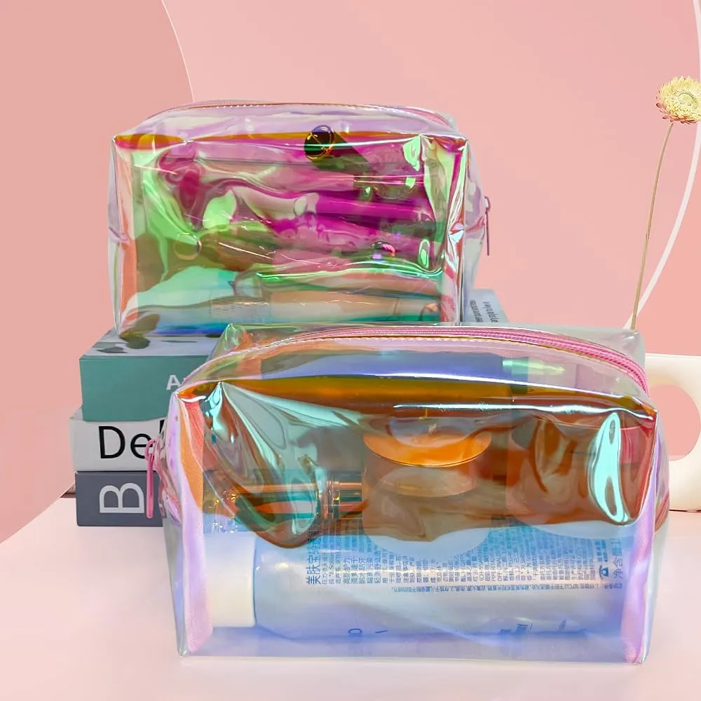 ONEART Holographic Cosmetic Bag, 2Pack Iridescent Makeup Bag, PVC Laser Storage Organizer Pouch with Zipper,Waterproof Women Wash Bag for Travel (pink)