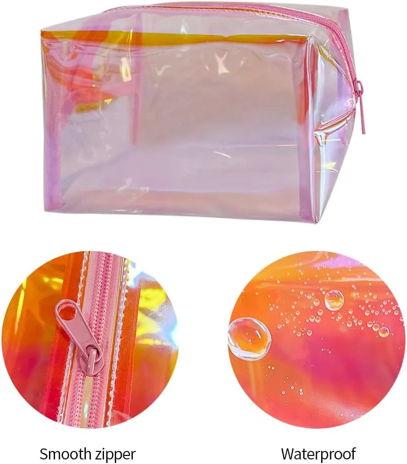 ONEART Holographic Cosmetic Bag, 2Pack Iridescent Makeup Bag, PVC Laser Storage Organizer Pouch with Zipper,Waterproof Women Wash Bag for Travel (pink)