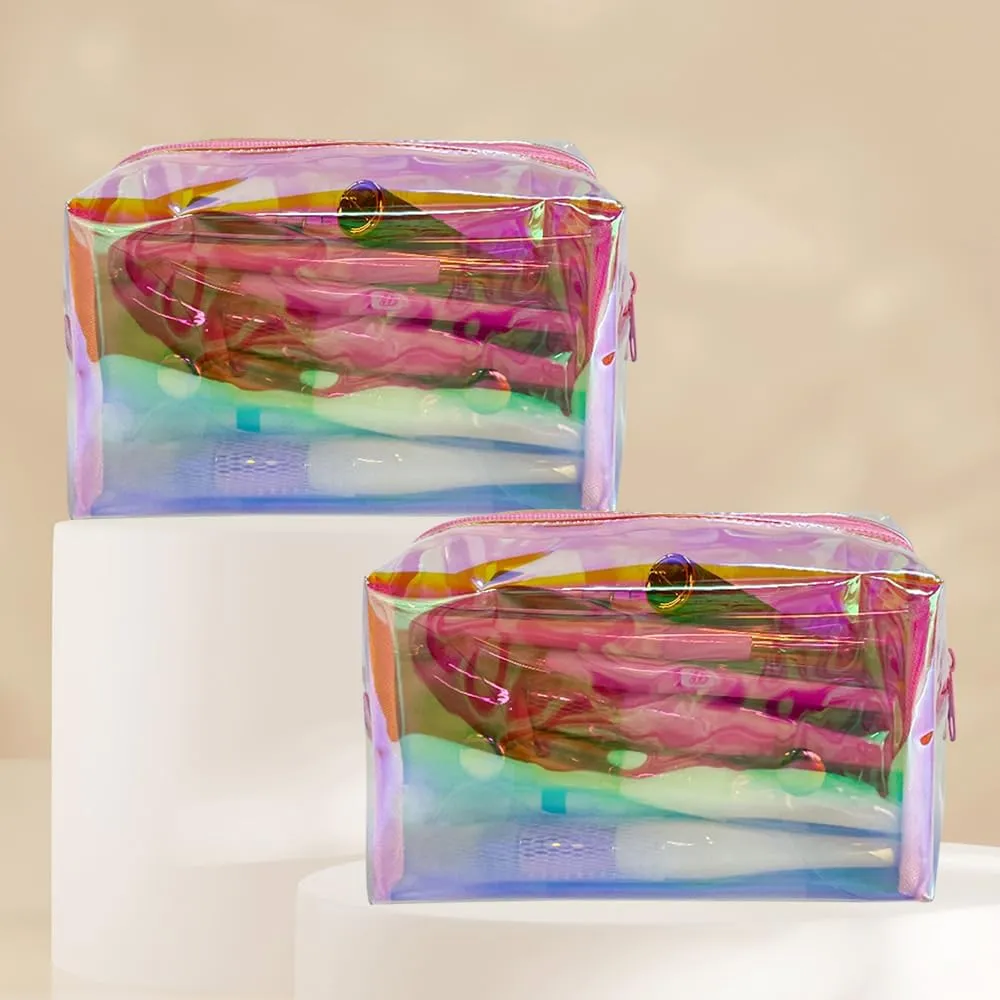 ONEART Holographic Cosmetic Bag, 2Pack Iridescent Makeup Bag, PVC Laser Storage Organizer Pouch with Zipper,Waterproof Women Wash Bag for Travel (pink)